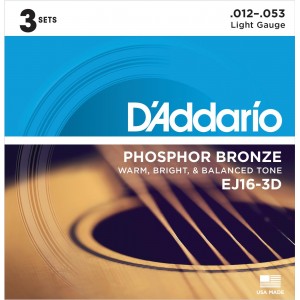 D'Addario EJ16-3D Phosphor Bronze Light Acoustic Strings (.012-.053) 3 Sets